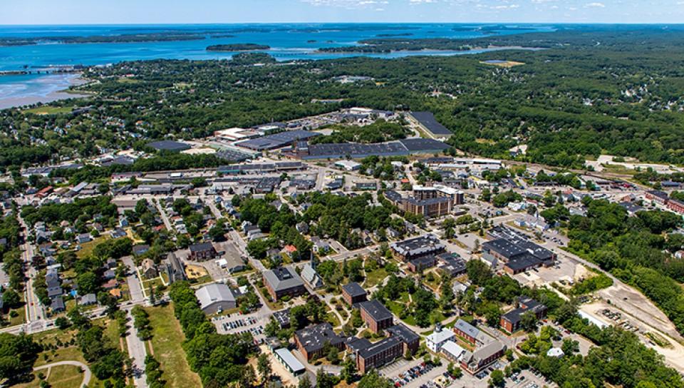 An aerial shot of the Portland, Maine campus